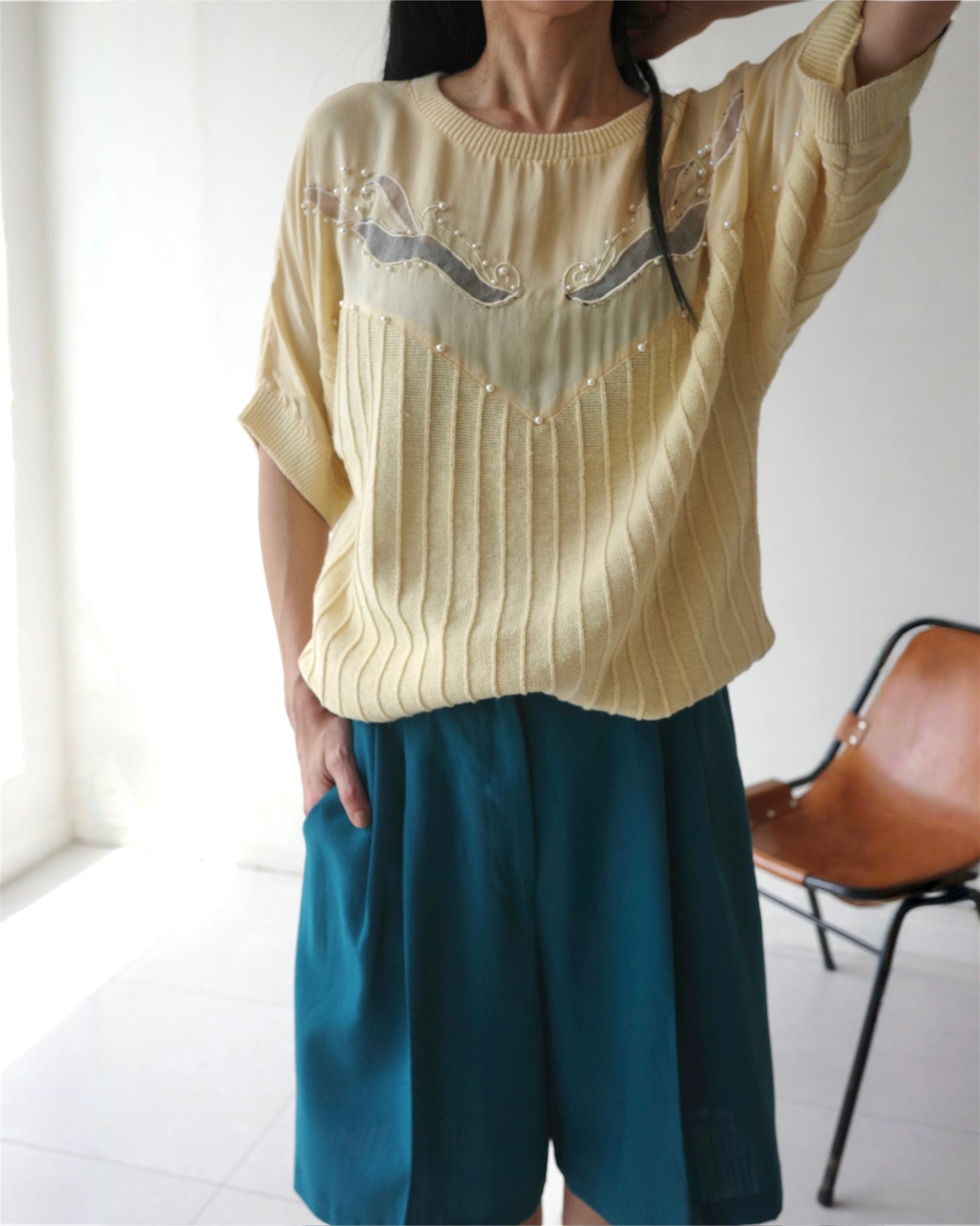 Sheer Panel Pearl embroidered Rib Knit Top