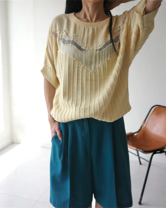 Sheer Panel Pearl embroidered Rib Knit Top