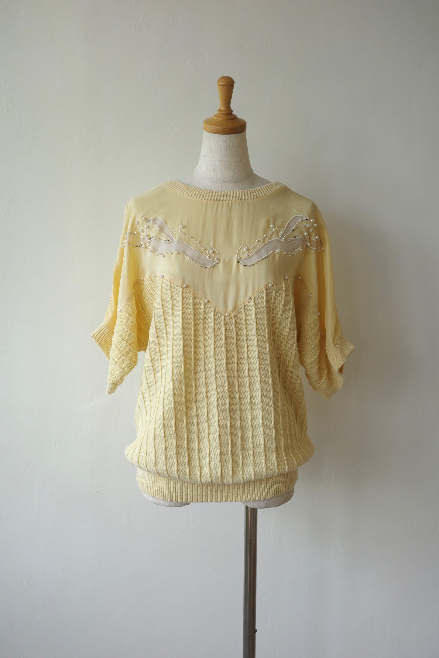 Sheer Panel Pearl embroidered Rib Knit Top