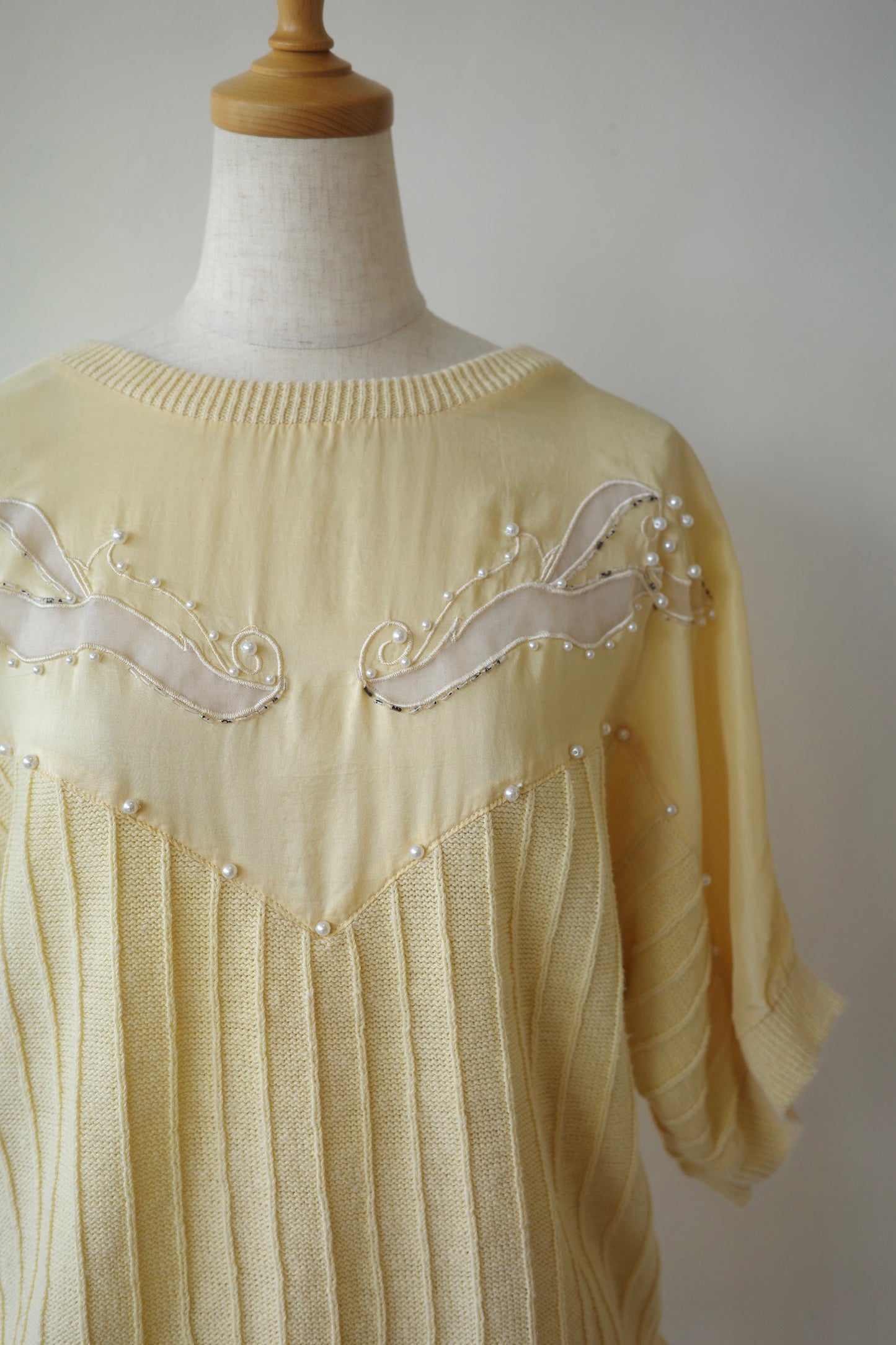 Sheer Panel Pearl embroidered Rib Knit Top