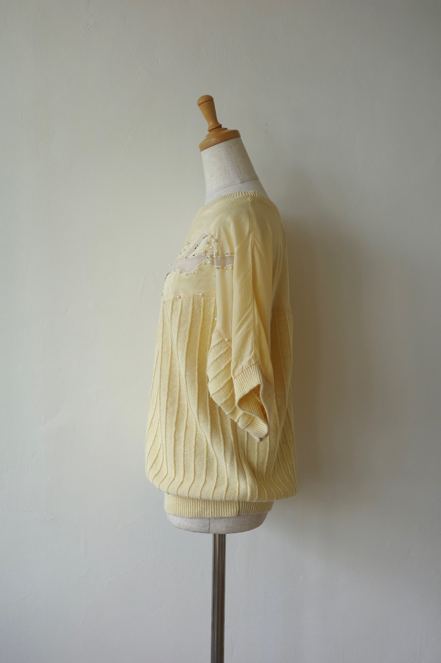 Sheer Panel Pearl embroidered Rib Knit Top