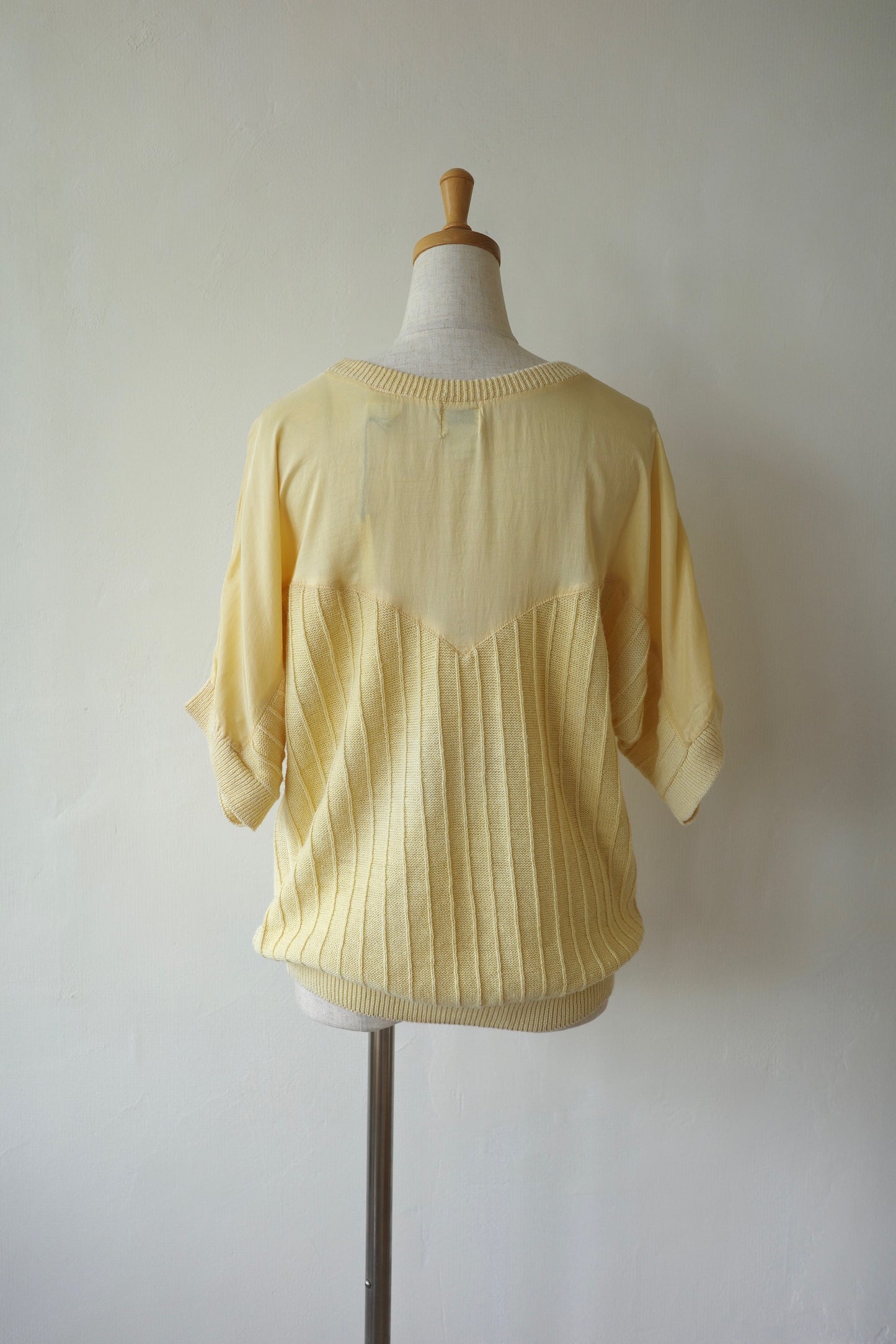 Sheer Panel Pearl embroidered Rib Knit Top