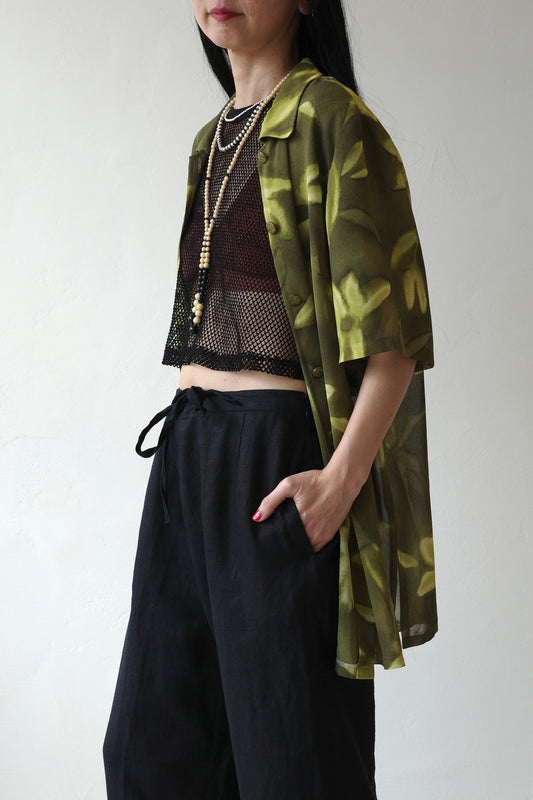Sheer Botanical Print Open Collar Shirt