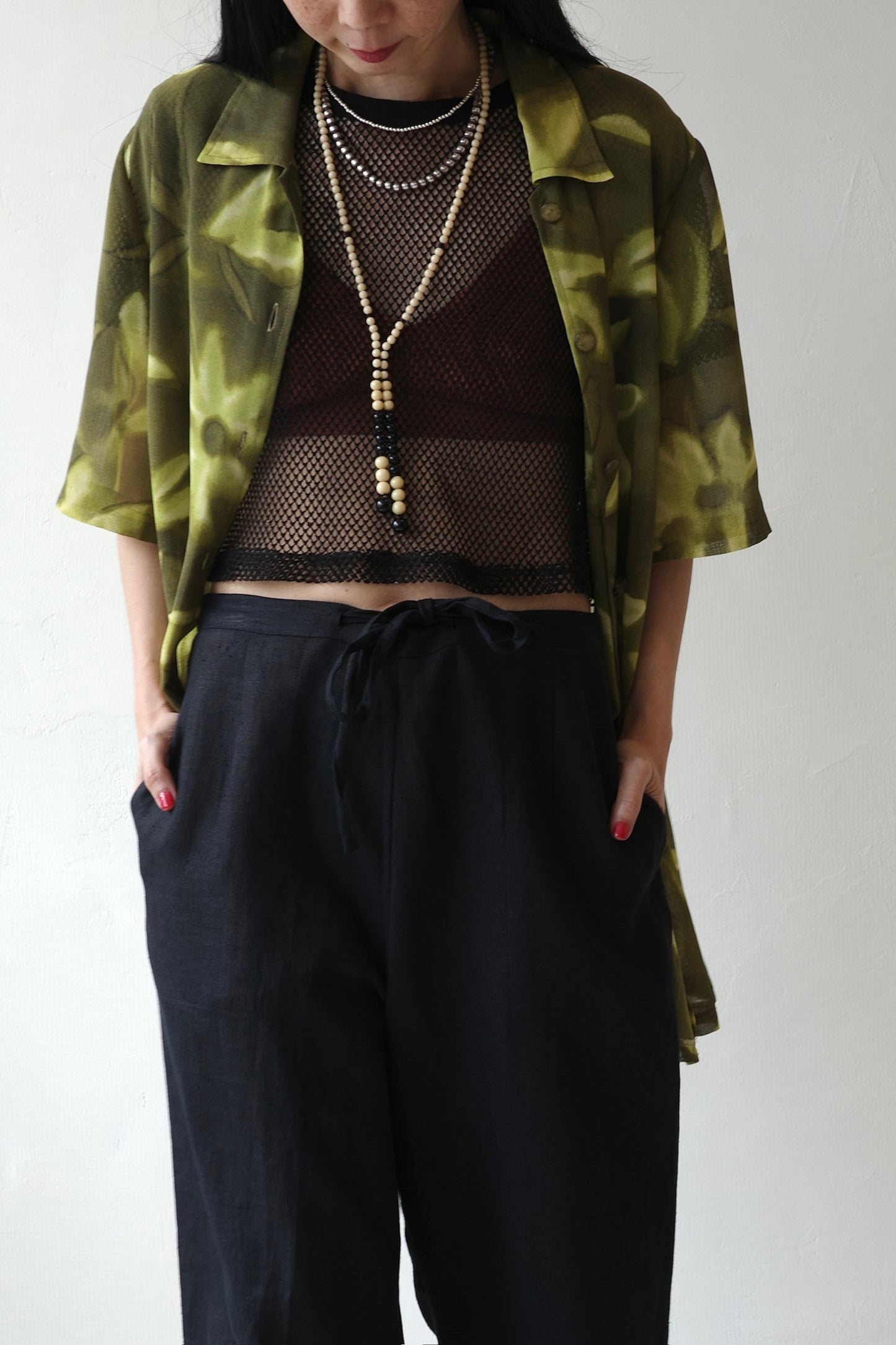 Sheer Botanical Print Open Collar Shirt
