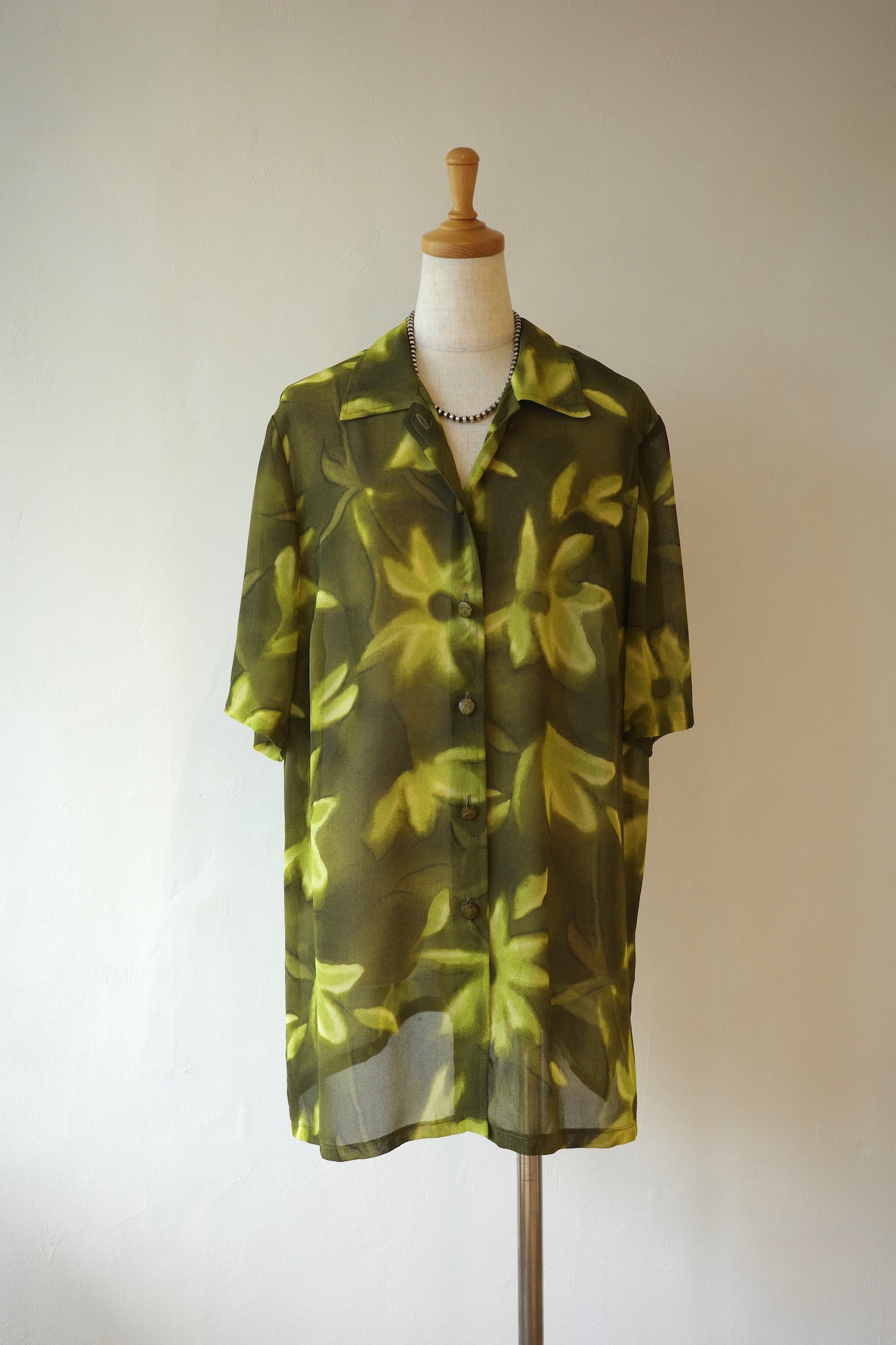 Sheer Botanical Print Open Collar Shirt