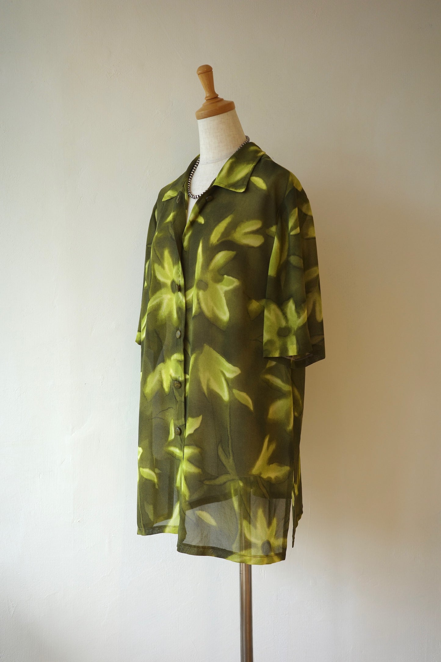 Sheer Botanical Print Open Collar Shirt
