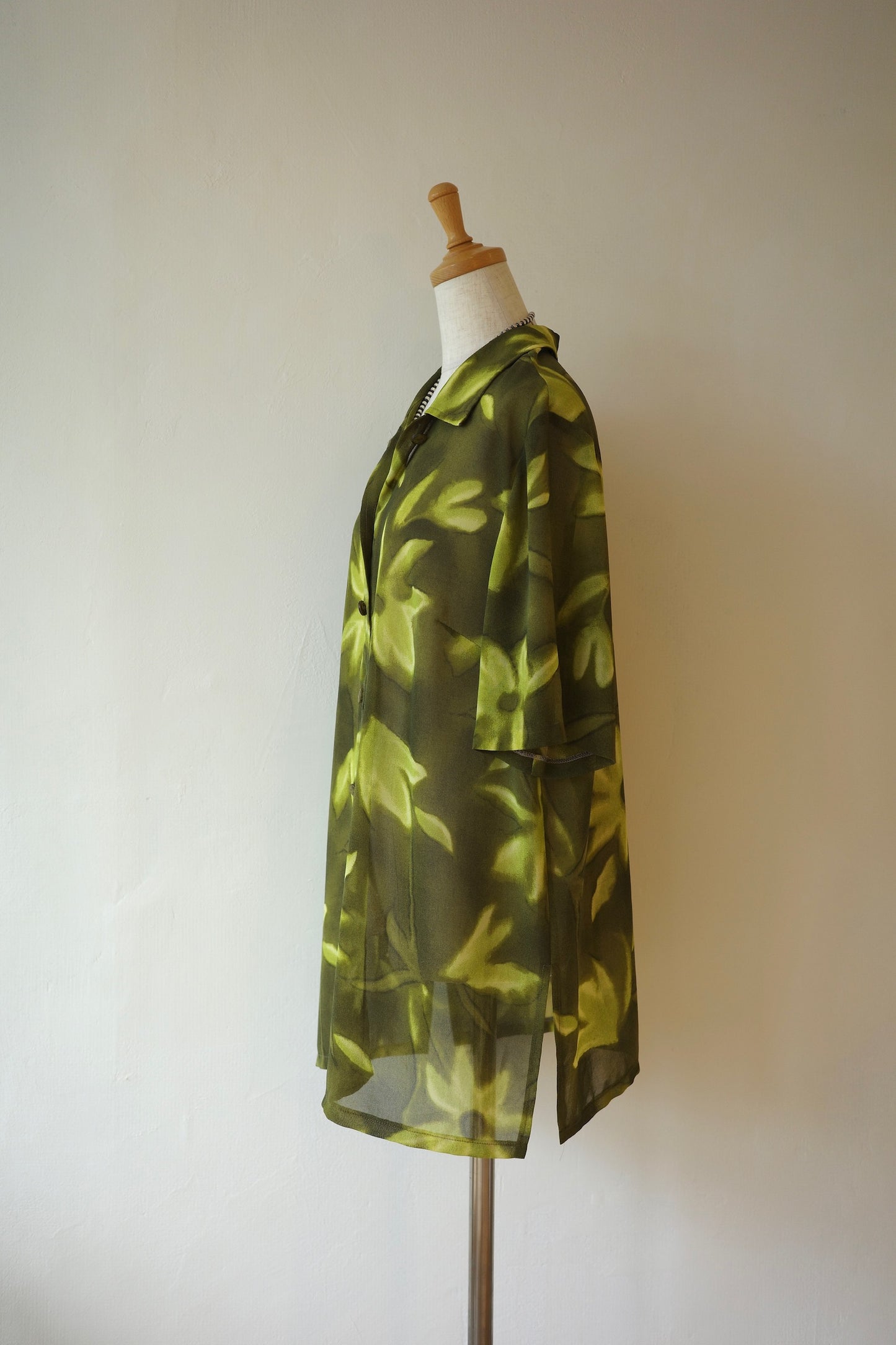 Sheer Botanical Print Open Collar Shirt
