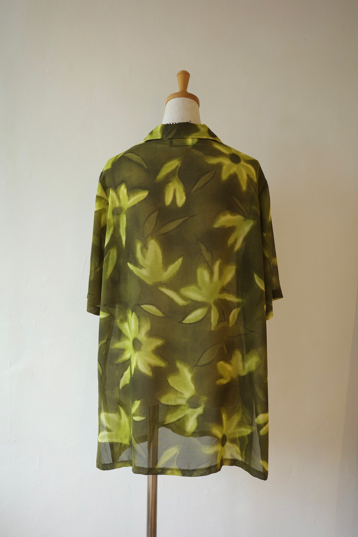 Sheer Botanical Print Open Collar Shirt