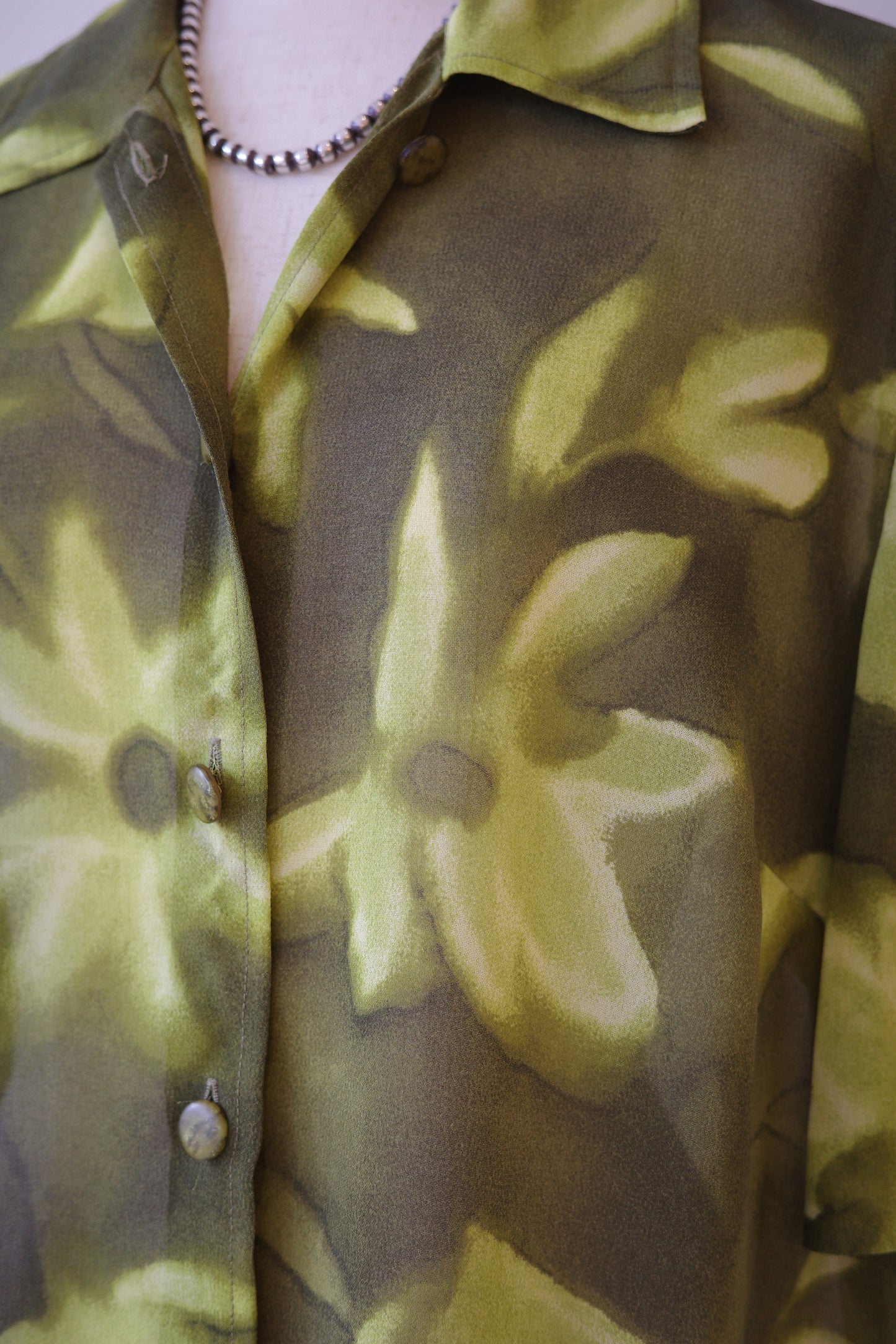 Sheer Botanical Print Open Collar Shirt