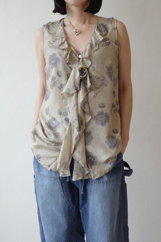 Silk Botanical Ruffle Sleeveless Blouse