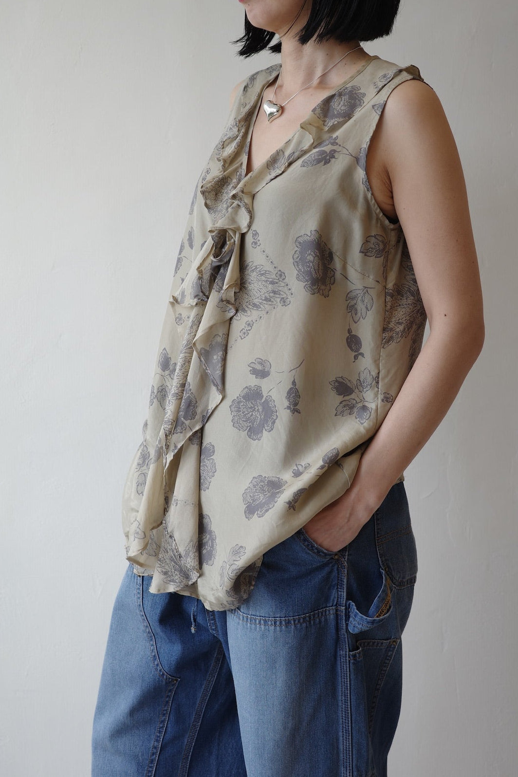 Silk Botanical Ruffle Sleeveless Blouse
