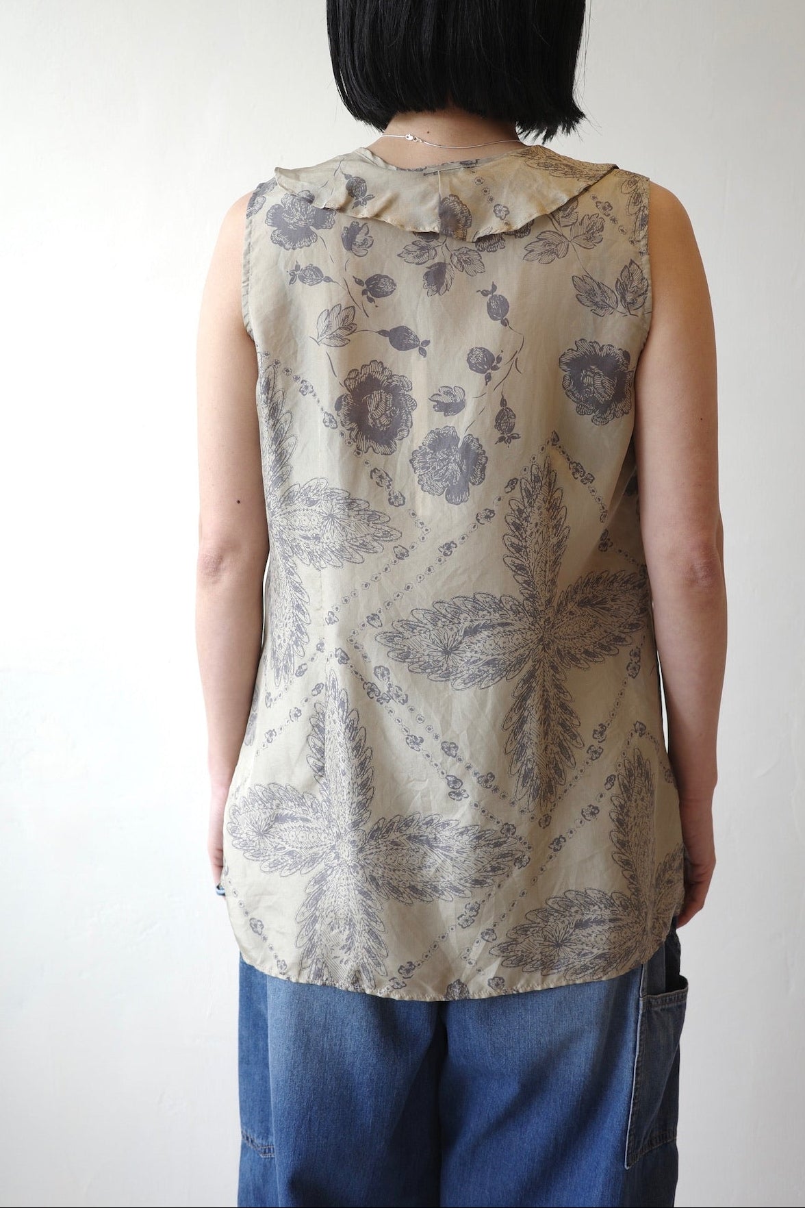 Silk Botanical Ruffle Sleeveless Blouse